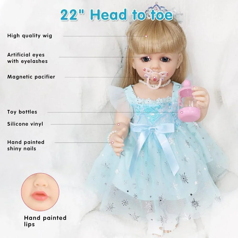 🆕22Inch Full Body Vinyl Silicone Newborn Baby Poseable Limbs Long Hair Girl